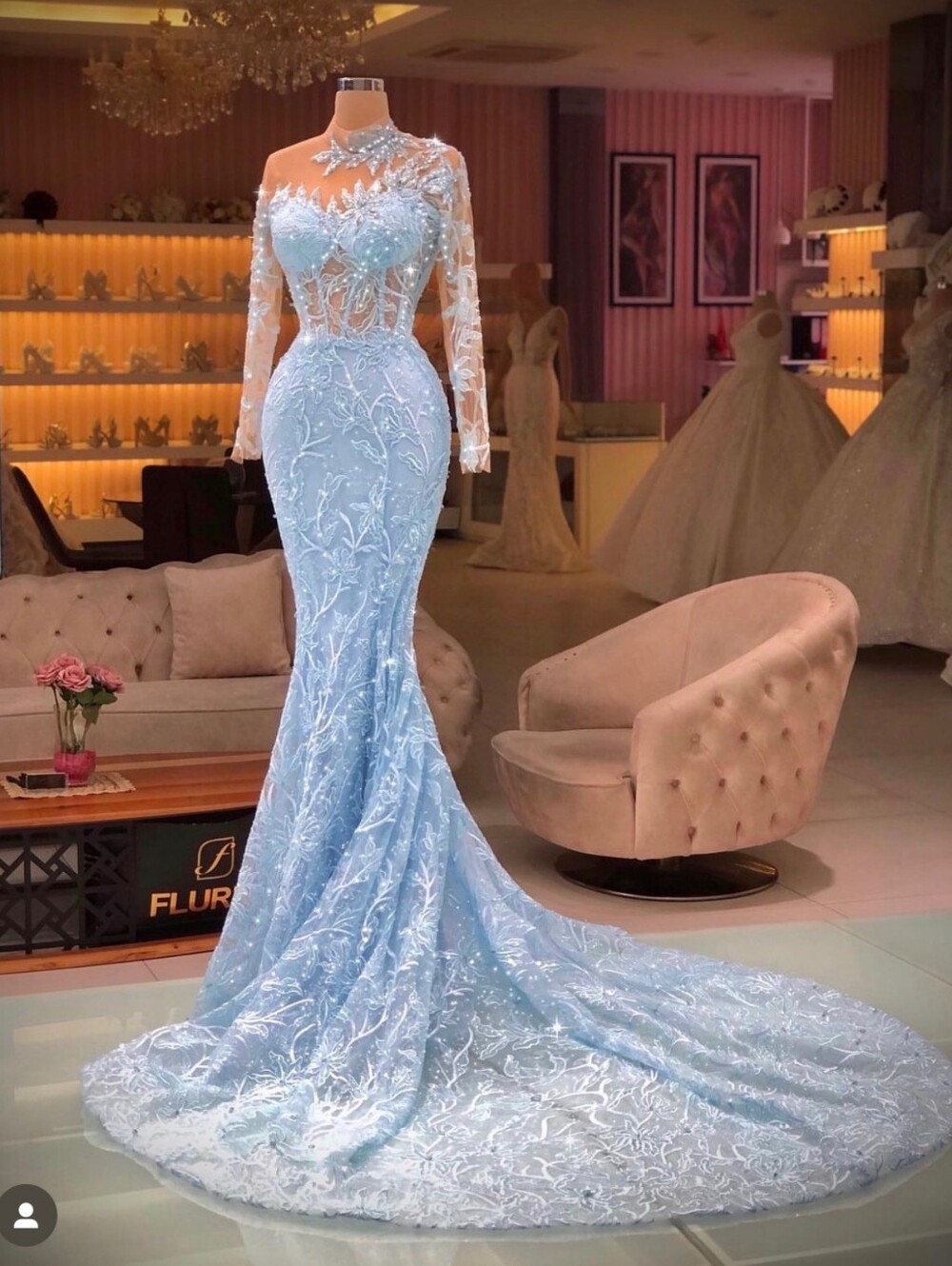 Ice Blue Evening Gown with Train